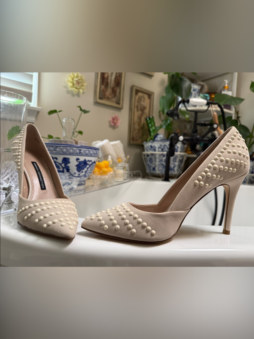 French Connection Beige Studded Pointed-Toe Pumps
